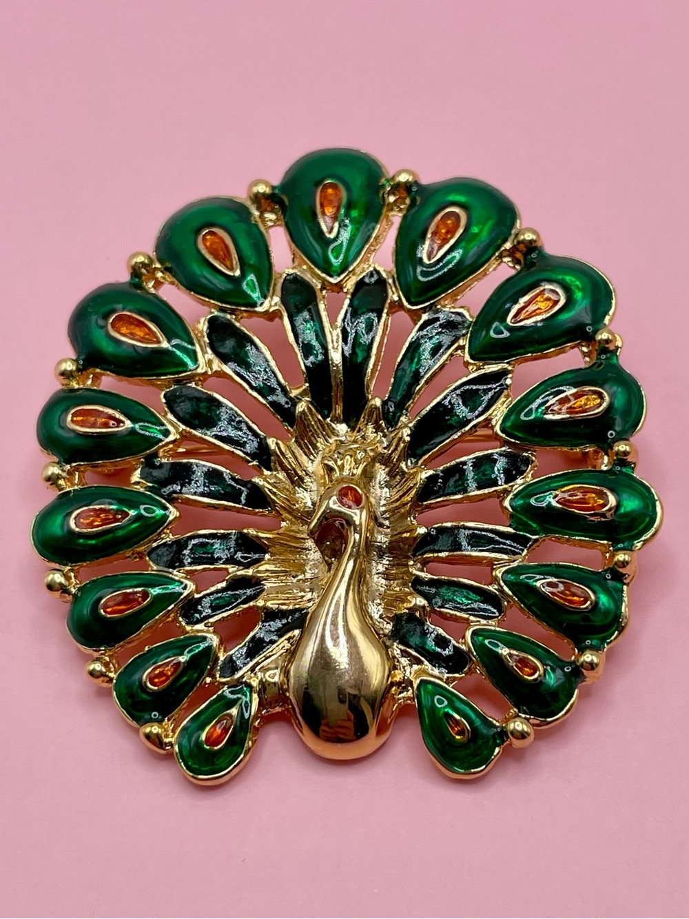 Rare Enamel Green/Black/Orange Gold-tone Peacock Brooch - HTF